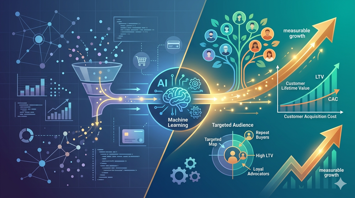 AI and ML infographic showing data flowing through a funnel into growth, with a tree of people and rising charts representing measurable growth.