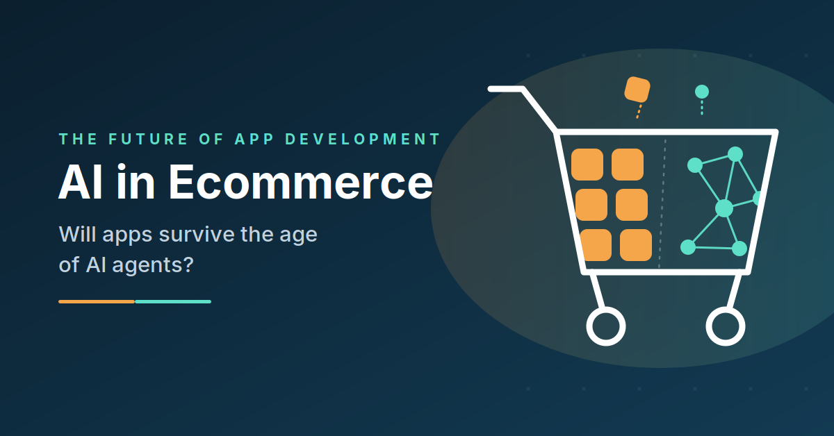 Hero banner: AI in Ecommerce with a shopping cart showing orange app icons and a teal network diagram on a dark blue background.